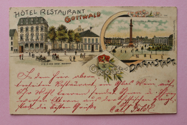 Ansichtskarte Lithografie AK Gruß aus Darmstadt 1897 Hotel Restaurant Gottwald Luisenplatz Architektur Ortsansicht Hessen